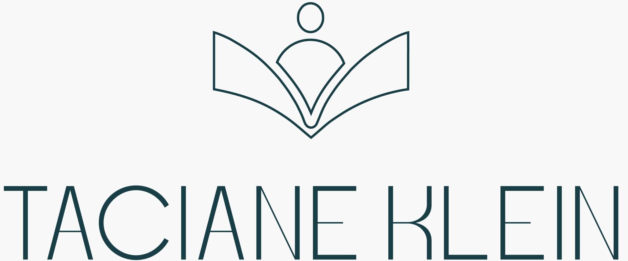Logotipo da Taciane Klein com símbolo estilizado de livro aberto e pessoa no centro, representando mentoria de vendas, atendimento e análise comportamental.